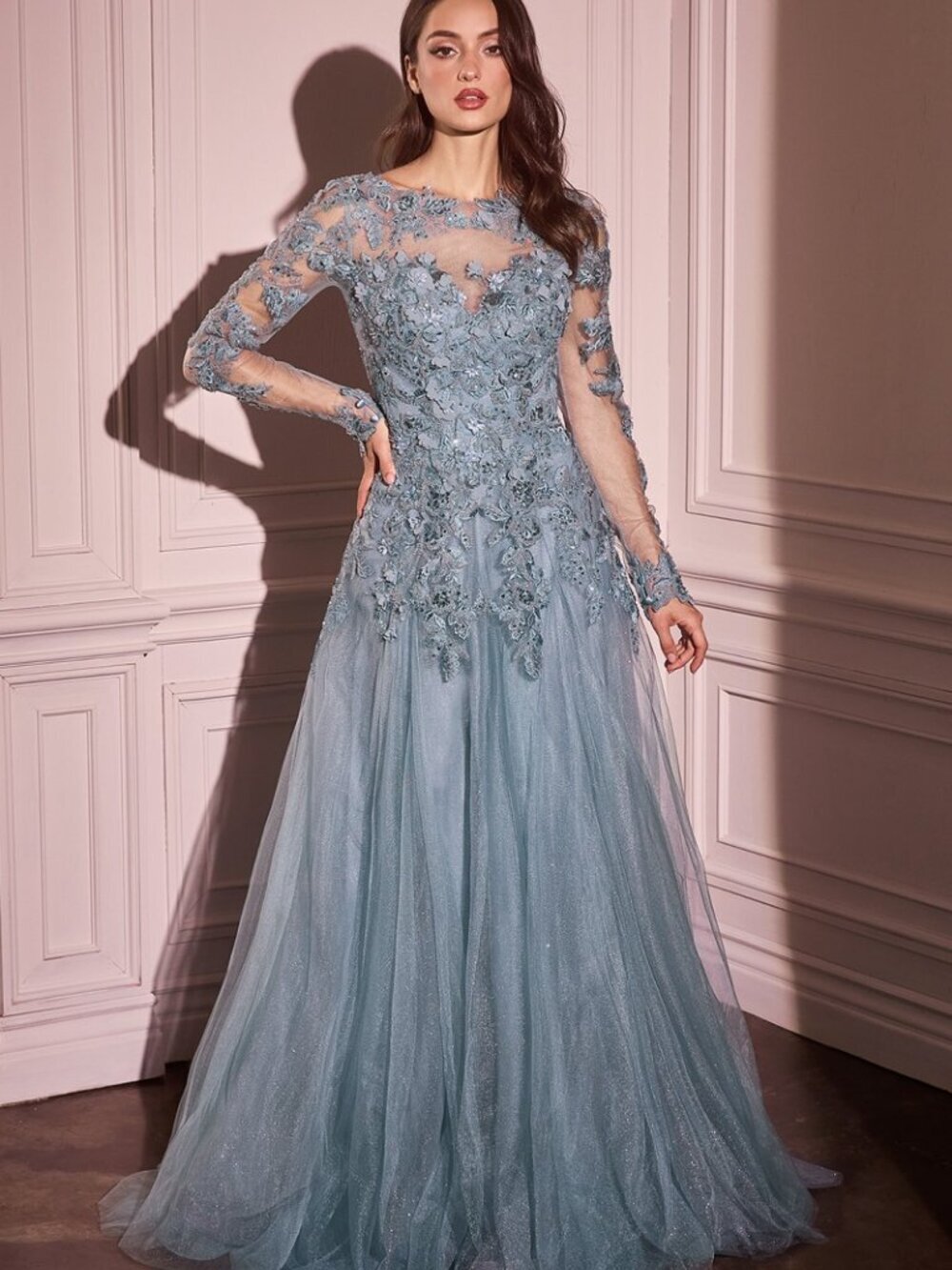 NEW A-LINE TULLE BALL GOWN W/ ILLUSION HIGH NECKLINE & LONG SLEEVES CD MA108